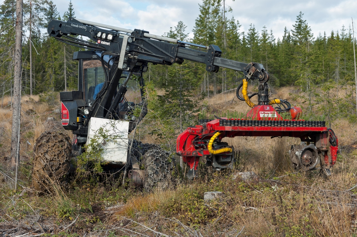 Planteaggregat – en såkalt Eco-Planter 2000 – montert på en skogsmaskin av typen Valmet 911.  Fotografiet ble tatt høsten 2005 på Brøttum i Ringsaker kommune, der firmaet Forest Maskindrift AS fra Eidsvoll hadde påtatt seg planting for et av medlemmene i Mjøsen skog.  Aggregatet veide cirka 1 000 kilo.  På oversida hadde det et todelt bord med til sammen 240 plasthylser som maskinføreren fylte med planter før han startet arbeidet.  Hylsemagasinene gikk på et rotasjonsbånd.  I begge ender av bordet, på undersida av aggregatet, var det fresehjul som var bevegelige både i horisontale og vertikale retninger.  Når disse ble aktivert, kastet maskinen opp to små hauger, med ei blanding av humus og mineraljord.   Dersom det viste seg å være stein eller kraftige røtter på de valgte plantepunktene, kunne maskinføreren avbryte prosessen og flytte litt på aggregatet.  Etter at vellykket fresing var gjennomført, ble planter fra hylsene presset ned i jordhaugene ved hjelp av trykkluft.  De måtte settes ganske djupt om de skulle få god nok tilgang på fuktighet.  Plantematerialet måtte derfor ha en viss lengde, minst 17 centimeter, helst over 20 centimeter.  Ved manuelle plantinger var minstekravet til lengden 13 centimeter.  På grunn av kravene til plantelengden ble Eco-Planter 2000 kun brukt til granplanting, furuplantene ble for korte.  Maskinen kunne både ta ordinære pottebrettplanter (M95) og planter som var dyrket fram i Jiffy-potter.  Veksttorva i rotklumpene skulle helst ikke ha utstikkende rottrevler, for med slike kunne de lett hekte seg fast i røret mellom plantebordet og jordhaugen de skulle settes i.  Maskinen greide å plante cirka 300 planter i timen.  12-14 minutter av denne tida ble brukt til å mate hylsene på plantebordene.  Den kvite kassa som var montert på fronten av den rammestyrte maskinen kunne romme om lag et dagsforbruk av planter.