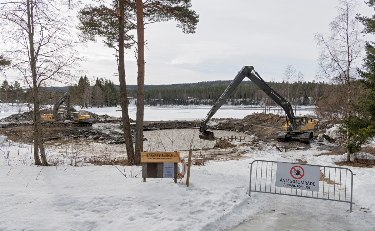 Anleggsarbeid ved Norsk skogmuseums fiskedam, lengst sør på Prestøya i Glomma.  Denne dammen ble opparbeidet tidlig i 1990-åra, med sikte på å etablere et trygt sted der museet kunne gi barn innføring i fisketeknikker.  Det var alt fra starten et problem at vårflommene i Glomma oversteg dammens ytterkanter.   Konsekvensene ble blant annet at dammen ble tilført mye elveslam og at fiskebestanden forsvant i flomperiodene.  Alt i 1994 ble damkrona på sørsida hevet 60 centimeter med sikte på å begrense disse problemene.  Dette viste seg å være for lite.  I mars-april 2018 ble det igangsatt et nytta arbeid for å mudre dammen og skjerme den mot innsig av flomvann.  Her ser vi to gravemaskiner fra driftsavdelingen til NVE region øst i virksomhet ved dammen, på et tidspunkt da omkringliggende terreng fortsatt var snødekt og den stilleflytende delen av elva (i bakgrunnen) var islagt.  Også denne gangen skulle damkrona mot sør heves (cirka 90 centimeter), samtidig som det skulle legges opp en flomvoll mot den nedre delen av Klokkerfossen.  Målet var at man skulle unngå innsig av vann og slam ved såkalte tiårsflommer.