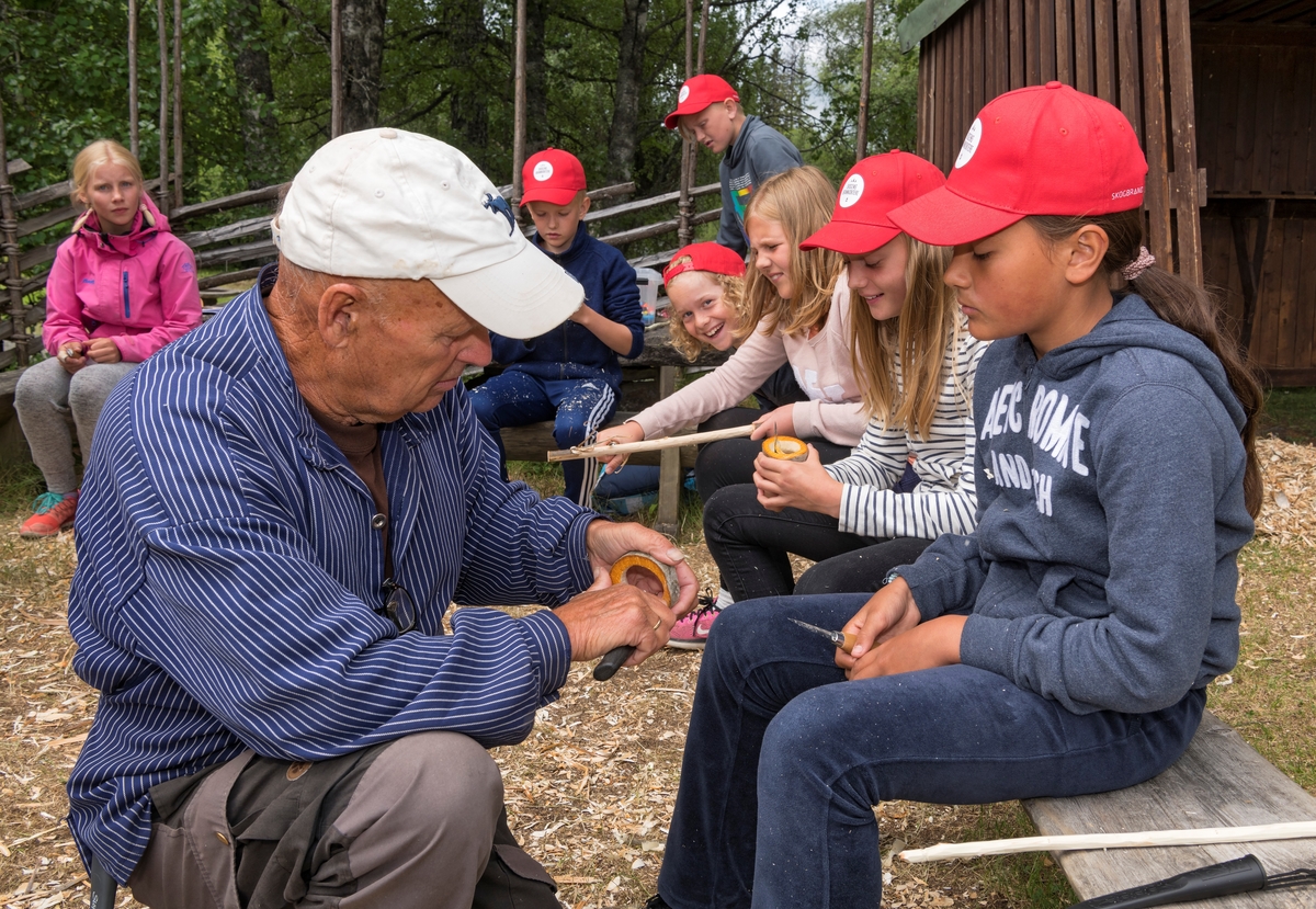 Fra temadagsarrangementet «Skog og vann - naturskole for alle!» på Norsk skogmuseum i Elverum i juni 2018.  Fotografiet er tatt på haugen bak klokkergarden Fossum, der Arne Fjeld fra Horndalen i Elverum lærte tilreisende skoleelever i spikke å rått tre.

«Skog og vann» var ett av femten temadagsopplegg Norsk skogmuseum tilbød barnehager og grunnskoler i 2018.  De fjorten andre hadde mer avgrenset tematikk, og mange av dem var orientert mot årstidsspesifikke forhold i naturen eller i tradisjonelt arbeidsliv.  «Skog og vann» var derimot tilpasset de mange som ønsket en elevtur til museet mot slutten av skoleåret, uten noe spesielt læreplanrelatert pedagogisk mål.  Aktivitetstilbudet var derfor vidtfavnende og mangfoldig, fordelt på et stort antall «stasjoner» med aktivitetstilbud på museets uteområde.  Aktører fra en del frivillige organisasjoner med skog- og utmarksarktiviteter på programmet samarbeidet med museets formidlere om avviklinga av arrangementet.  I 2018 samlet «Skog og vann» 3 000 elever fordelt på fem dager.