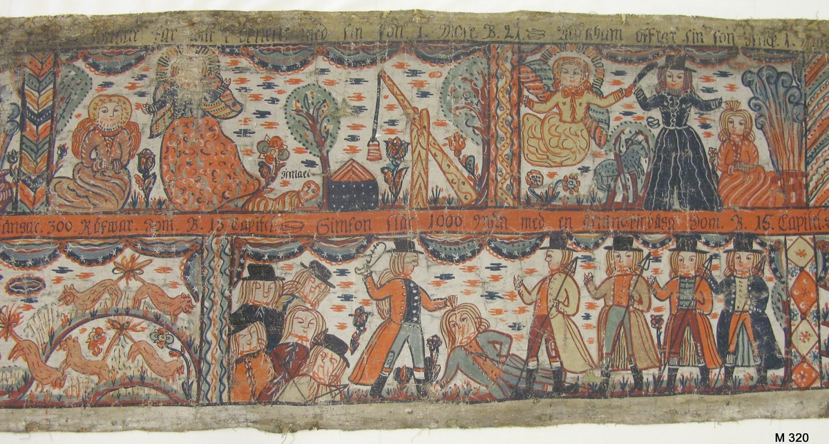 Bonadsmåleri på grövre tuskaftvävt linnetyg med målning i tempera - pigment, ägg och ev mjöl (Nyström 2012:150-151). Motiven ett tiotal scener ur Gamla testamentet, bl a Adam och Eva, Simson och lejonet, i två rader ovanpå varandra med motiven åtskiljda av kollonner och arkitektur. I bård mellan raderna märkningen "Anno 1816".
Hela bonaden är troligen under 1900-talet helt upplimmad mot ett vitt linnetyg. 

Inskrivet i huvudkatalogen 1886.