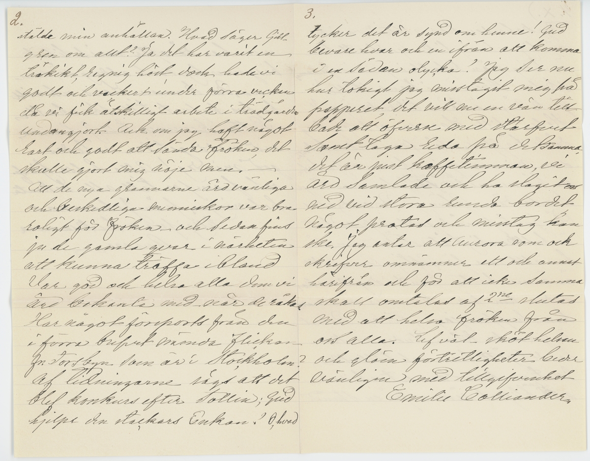 Brevet består av två brev skrivet till Johanna Brunsson från Aurora 13/11 1885 och från Emilie Colliander, samma datum.

"13-de nov. 1885.

Snälla goda fröken Brunsson;

Hur oförmödadt får jag genom Oscara Häggh tillfälle att infria ett gifvetlöfte till Herr Pehrsson ang. några blommor, och tar mig friheten bedja fröken genom mjölkbudet ef. ock egenhändigt, om tillfälle erbjuit fortskaffa dem till egaren ... tack för brefvet! Ja det var ju glädjande; Måtte blott den långa föregående oron icke ha menligt inverkat på helsan och måtte arbetet gå väl och framåt! Vi alla befvo glada öfver utgången! Alla här bedja helsa. Oscara sade då hon var här att hon tänker göra ett kort besök hos fröken och derför om jag är först innan jag fick höra detta framställde min anhållan. Hvad säger Gillgren om allt? Ja det har varit en tråkikt, regnig höst, dock hade vi godt och vackert under förra veckan då vi fick åtskilligt arbete i trädgården undangjort. Ack om jag haft något rart och godt att sända fröken, det skulle gjort mig nöje men. -
Att de nya grannarne äro vänliga och beskedlige människor var bra. roligt för fröken - och sedan fins ju de gamla qvar i närheten att kunna träffa ibland. Var god och helsa alla dem vi äro bekanta med. när de takas. Har något försports från dem i förra breftet nämda fickan fr. storsbyn som är i Stockholm? Af tidningarne sågs att det blef konkurs efter Sollin; Gud hjepe den stackars Enkan? O, hvad tycker det är synd om henne! Gud bevare hvar och en ifrån att komma i en sådan olycka? Jag ser nu hur tokigt jag mistagit mig frå papperet, det vill nu en vän till både att öfverse med slarfvet samt taga reda på detsamma det är just kaffetimman, vi äro samlade och ha slagit oss ned vid stora runda bordet något pratas och misstad kan ske. Jag antar att Aurora som ock skrifver omnämner ett och annat härifrån och för att icke samma skall omtals af 2-ne slutas med att helsa fröken från oss alla. Lef väl - sköt helsan och glöm förtretligheter beder vänligen med tillgifvenhet
Emilie Colliander."

"Romelid den 13/11 1885.

Snälla Goda Johanna!

Många tackar för det långa vänliga brefvet, som för länge sedan borde blifvit besvaradt och, som troligen ämna kommit att dröja längre om ej Oscara skulle resa och jat tyckte det föll sig så små trefligt att få brefvet med henne, då hon sade sig ämna besöka Johanna - Vi hafva nämligen granska brådtom eljest vore allt vännen Johanna den, som sist finge vänta. Jag fick Johannas bref samma dag vi foro till G-borg och var Christine A-son just här då, och sedan jag först för mig sjelf genom läst samma tog jag mig friheten läsa det för Christine, som tyckte det var både intressant och välskifvet - hon hade äfven hört krånglit med Gillgren genom Ferdinand, som visst får ag Persson veta allt, hvad som sker i Åmål. Såväl Christine, som jag dladdes öfver det lyckliga resultatet med qvartalet och skolans fortfarande verksamhet på samma plats och i den lilla vänliga, men måhända sqvalleraktiga staden Åmål.
Faster Henriette och jag hafva varit i Göteborg 14 dagar; hem kommo just i dag för 14 dagar sedan nöjda med vår färd - Professor Lindhult kom under tiden från sin utlänska resa ä han har varit borta i 7 månader och följde Farbror nu med oss hem och ämnar öfvervintra hos oss -
Allt sedan vi hem kommo har här varit besök alla dagar - 2-ne gänger ha vi varit borta - 1 gång på Kronogården i sällskap med familjerna Lundgren, vid station Vitrinär Sjöstrand och Selvins -
Igår voro vi på Edet - Det har jag ej varit sedan i Januari detta år - Jaså, Johanna blef förvånad öfver förlofningen på "Ellenå"! Det blef ej jag - Det minns väl Johanna jag sade mig förmärka vid mitt besök på Stigen i Våras - Dock efter allt hvad jag hört och sett inom de familjerna, så är fästmöm mer att beklaga än gratulera - Godt emellertid att de der gamla inbilska ungherrarne börjat röra på sig - 
Skulle Amelie någon mer gån rör på den strängen angående mig och så i vänskapens namn ber jag Johanna förtaga henne den dumma tron - riktigt med allvar; Nej, att sjelfmant öfverlemna dig åt ett ändlöst slafveri; dertill är jag ej hägad - Få se huru länge hon håller ut - Hjalmar skref och omtalade hela historien - förlofningen kom som ett nysande öfver dem; men hvarför i all verlde gifta de sig ej? Stackars fru Skarin! Hennes glädjedagar ha varit få - Ej minst sedan de båda "kommo öfverens. om ett framtida förbund - Af trädgårdsmästare Edman hörde jag att Maria Andersson varit sängliggande och att Patron varit i G-borg fär att få massage ä han lär vara vättre. Vi hafva nu på Stigen det 5 kg tyger i år till spinning o väfnin- Förlåt mig, som visst glömt säga Johanna att jag ej behöfver något underkjolstyg, ty jag har ändrat en gammal klädning till kjol istället - Hvad Elisabeth måtte vara lycklig - med alla sina bestyr - Man, barn och fjäderfå i oändlighet - de senarem som bara hittils varit till otroligt bevär och ringa nytta. Var så innerligt snäll och helsa, Vernerska familjen och bed Amelie ej glömma af mig med ett långt o roligt bref - hon har lofvat mig det och i dylika fall är jag mycket mån om att min nästa skall "stå vid ord"- Man kan ej hjelpa att man är egoistisk - Papa har flera gånger, åtminstone 2, träffat Gillgréns Obs! Fortsättning på mammas 4 sida.

Kyrkoherden har alltid varit vänlig och sig lik - Godt att han är ledig från befattningen vid Johannas skola - Hvem är i hans ställe? Gick vägmästar'n tillbaka igen? Helsa lilla Larsson och Gejberg då de träffas. Så äfven andra bekanta som minnas mig och som vilja hafva en påminnelse och helsning från Johannas länga svart vän, Glöm ej Brandzells. På Sjuntorp må de godt. Alfreds fot är fullkomligt återställd, men får han allt vara försigtig. Anna c-der är ännu borta - Jemt i dag 10 veckor sedan hon for - kommer väl snart hem, hoppas jag - Farbror Robert är ganska klen - Under veckan har det gått fram och tillbaka - Just nu kom Sara ut och sade att han blifver sämre på en stund men had då ofta varit litet besynnerlig; dock aldrig så, som nu. Nu kommer Lars och vill hafva brefvet till Skrehall - Detta kommer till Johanna vid middagstiden således god middag! Alla helsa hjertg. och framför till alla bekanta helsningar från Johannas tillgifna och tacksamma
Aurora"