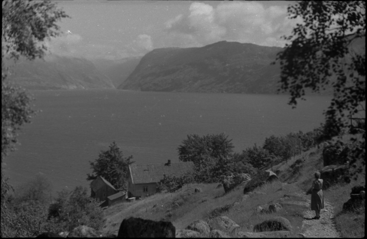 Bilder av skuringsstriper i bergene ved Vadla i Jøsenfjorden (bilde 1-4), Aslaug Skjold fra Sauda (bilde 5), Frida og Paul Johannessen på tur ved Indre Eidane i Jøsenfjorden (bilde 6-13), gården Vadla, ved Jøsenfjorden (bilde 14), Espedalen og Helle ved Høgsfjorden (bilde 15-17), en mann, muligens Erik Nesheim, som sitter utenfor hytta si på Helle (bilde 18-19) og sandtak på Vadla og sandterasse ved Ørekvam, nord for Vadla.