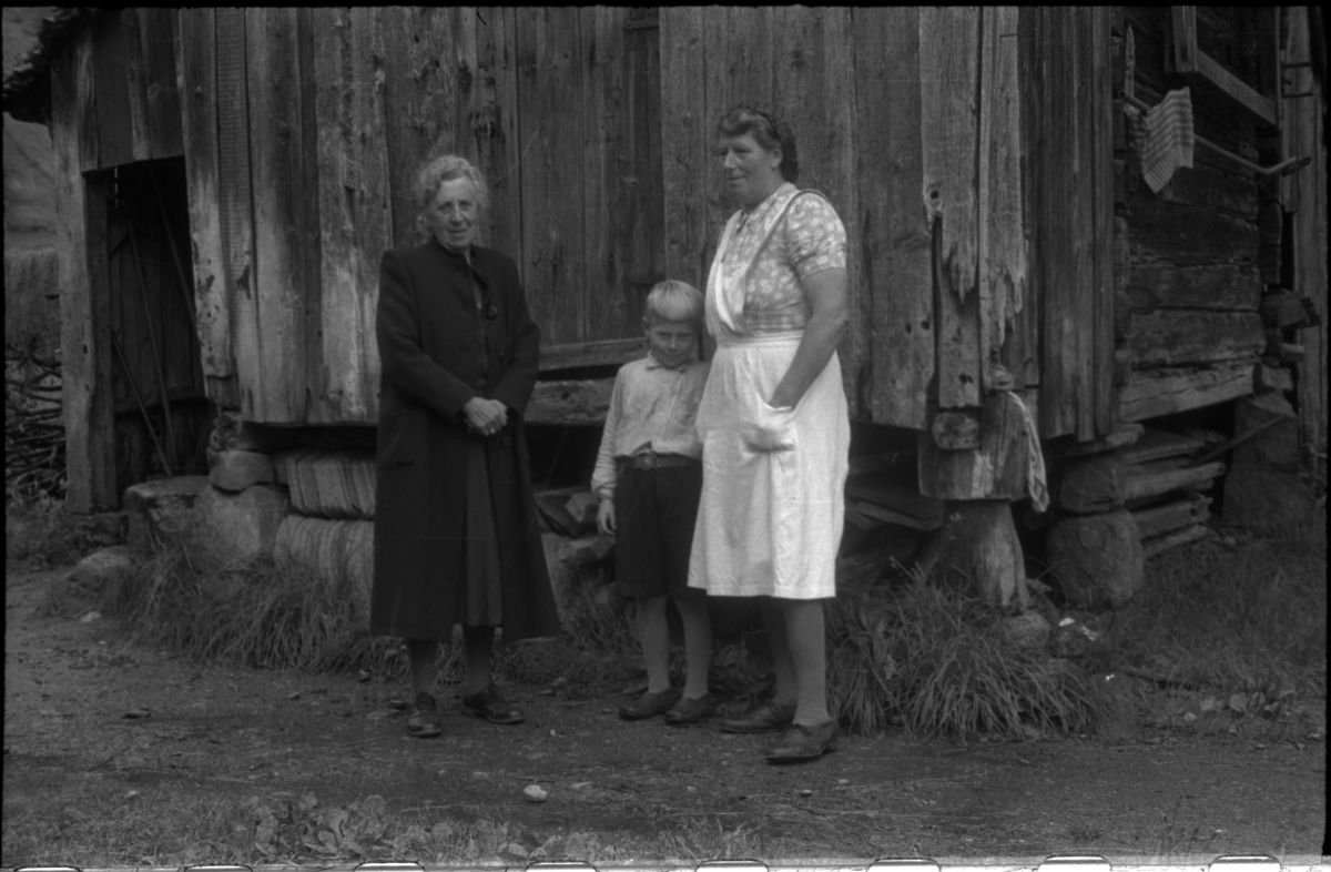 Frida Johannessen sammen med Liva Veka og sønnen, Lars Veka. Lars holder ei kattunge. De står på et tun med eldre hus på Veka i Suldal.