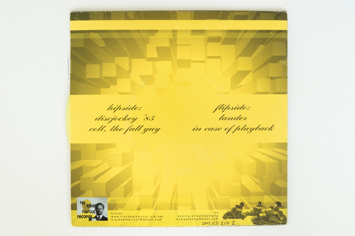 EP-skiva av gul vinyl med brun pappersetikett, i omslag av styvt papper och innerpåse av tunnt papper. Inne i skivfodralet finns ett löst vikt pappersark med uppgifter om produktionen.

Låtlista
Hipside:
1. Discjockey '85
2. Colt, the fall guy
Flipside:
1. Lander
2. In cace of playback

JM 55214:1, Skiva
JM 55214:2, Omslag
JM 55214:3: Innerpåse
JM 55314:4, Vikt papper