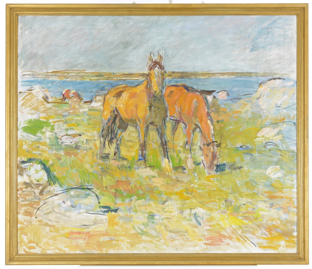 Oljemålning (skiss) på duk.
Två betande hästar vid strandkant.
