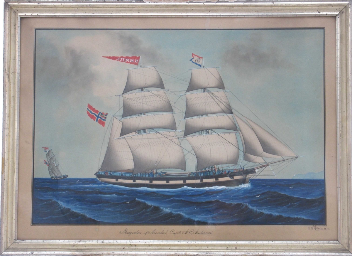 Seilskute, bark/ mot høyre, fulle seil, unionsflagg