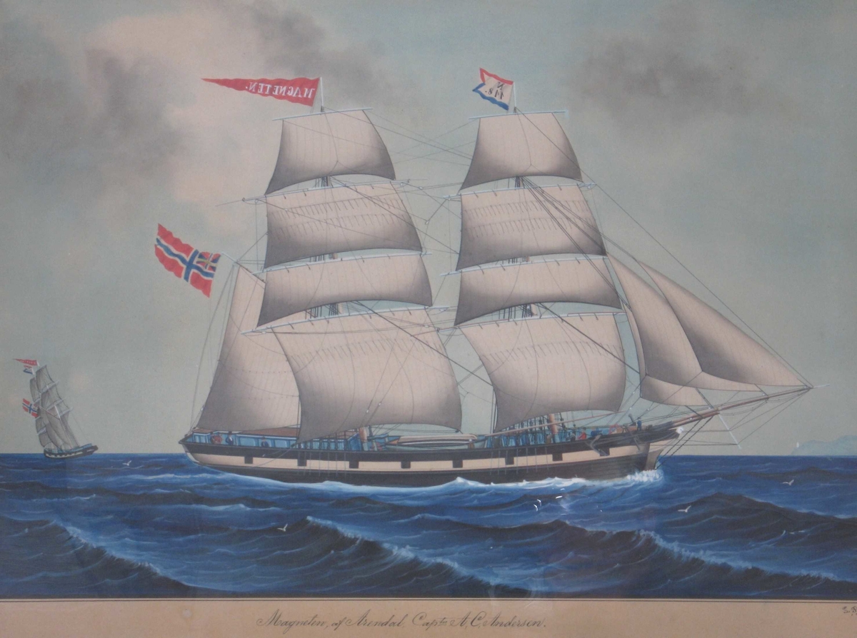 Seilskute, bark/ mot høyre, fulle seil, unionsflagg