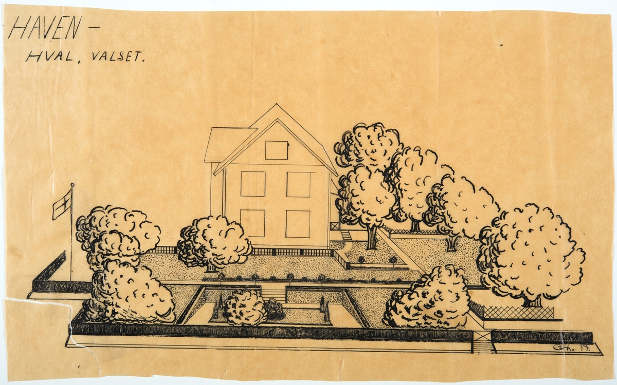 Tegning av haven, Valset, Vallset. Gerhard Hval 1917