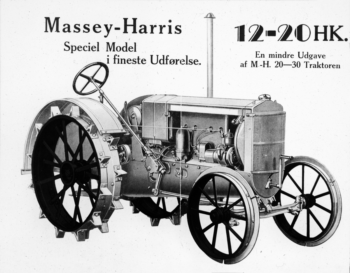 Katalog tegning av en traktor, Massey-Harris 12-20 HK.  Jønsberg Landbruksskole