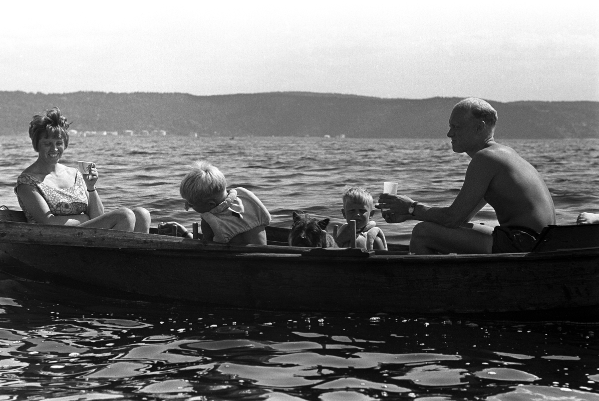 Erik Damman, reklamekonsulent fra Oslo, ferierer i båt med familien i Oslofjorden. De skal ro 10 - 12 mil i løpet av 8 - 10 dager, og går i land på små holmer som fjorden har mange av. Her sitter Erik Damman ved årene. Ragnhild Dammen til venstre. Midt i båten sitter Are (8) og Brede (5) og hunden Rocky.