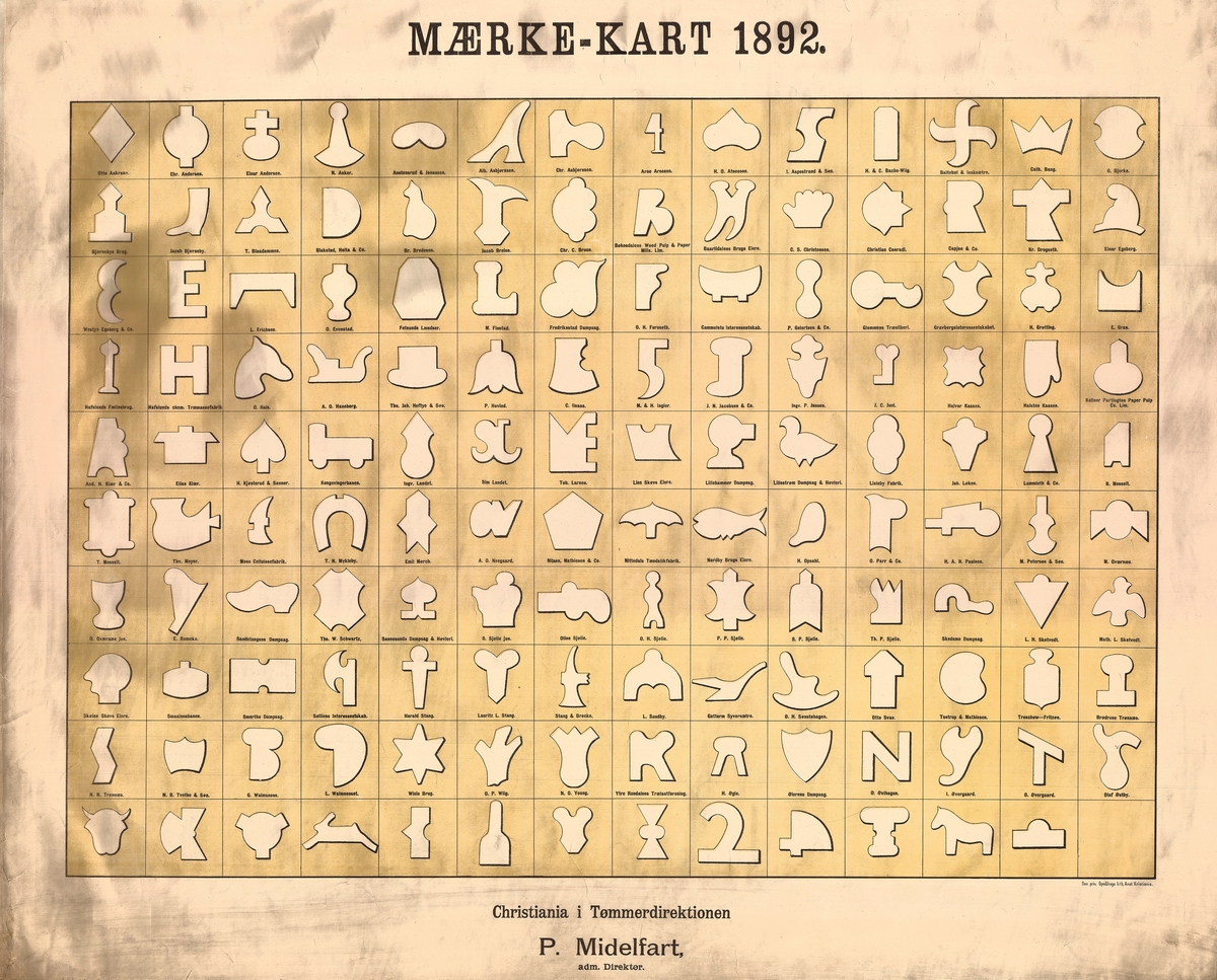 Merkekartet viser de merkene som hver enkelt tømmerkjøper hadde. Merket ble påslått med en merkeøks, figurøks.  Merkekartet av papir er festet til et stykke tøy. Merkekartet har 125 merker som fordeler seg på 125 eiere, og 14 merker uten eiere. Merkene er avtegnet med svart innenfor avdelte felt. Hvert felt representerer det firmaet eller den personen som eier merket. 

Merkene på kartet fordeler seg på disse firmaene/personene som alle er representert med ett merke hver: Otto Aakran, Chr. Andersen,  Einar Andersen,  N. Anker, Anstensrud & Jonassen, Alb. Asbjørnsen, Chr. Asbjørnsen, Arne Arnesen, H. O. Atneosen, I. Aspestrand & Søn,  H. & C. Bache-Wiig, Baltebøl & Isaksætre, Cath. Bang,  G. Bjerke, Bjørnebys Brug, Jacob Bjørneby, T. Blaadammen,  Blakstad, Holta & Co, Br. Bredesen,  Jacob Breien, Chr. C. Bruun, Bøhnsdalens Wood Pulp & Paper Mills Lim., Baarlidalens Brugs Eiere,  C. S. Christensen, Christian Conradi, Capjon & Co,  Kr. Drogseth, Einar Egeberg, Westye Egeberg & Co.,  L. Erichsen, O. Evenstad, Fetsunds Lændser, M. Finstad, Fredrikstads Dampsag, O. H. Furuseth, Gammelstu Interessentskab, P. Gelertsen & Co., Glommens Træsliberi,  Gravbergsinteressentskabet, H. Grøtting, E. Gran, Hafslunds Fællesbrug, Hafslunds chm. Træmassefabrik, O. Hals, A. O. Haneborg, Tho. Joh. Heftye & Søn, P. Hovind,  C. Ilsaas, M. & H. Ingier,  J. N. Jacobsen & Co, Ingv. P. Jensen, I. C. Juel, Halvor Kaasen, Halsten Kaasen, Kellner Partington Paper Pulp Co. Lim,  And. H. Kiær & Co, Elias Kiær, H. Kjøsterud & Sønner,  Kongsvingerbanen, Ingv.  Landet, Sim. Landet, Tob. Larsen,  Lien Skovs Eiere, Lillehammer Dampsag, Lillestrøm Dampsag & Høvleri, Lisleby Fabrik, Joh. Løken, Lammleth & Co,  B. Messelt, T. Messelt, Thv. Meyer, Moss Cellulosefabrik, T. N. Mykleby, Emil Mørch,  A. O.  Neegaard, Nilsen Mathiesen & Co, Nittedals Tændstikfabrik, Nordby Brugs Eiere, H. Opsahl, O. Parr & Co,  H. A. H. Paulsen, M. Peterson & Søn, M. Qværnæs, O. Qværnæs jun., E. Rømcke, Sandstangens Dampsag, Ths. W. Schwartz, Sannesunds Dampsag & Høvleri,  O. Sjølie jun., Oline Sjølie,  O. H. Sjølie, P. P. Sjølie, S. P. Sjølie, Th. P. Sjølie, Skedsmo Dampsag, L. H. Skotvedt,  Math. L. Skotvedt, Skøiens Skovs Eiere, Smaalensbanen, Smerthu Dampsag, Solliens Interessentskab, Harald Stang, Lauritz L. Stang,  Stang & Breche,  L. Sundby, Guttorm Syversætre, O. H. Sønstehagen, Otto Svae, Tostrup & Mathiesen, Treschow-Fritzøe, Brødrene Trønnæs, H. B. Trønnæs, M. B. Tvethe & Søn, G. Walmsness,  L. Walmsneset,  Wiels Brug, O. P. Wiig, N. O. Young, Ytre Rendalens Trælastforening, H. Øgle, Øierens Dampsag, O. Østhagen, J. Øvergaard, O, Øvergaard, Olaf Østby.  


