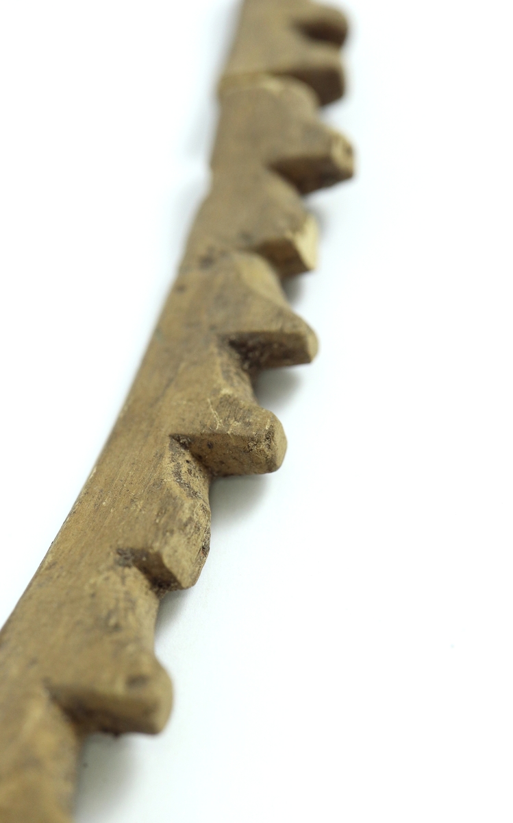 Sågtandad, täljd harpunspets med elva hullingar och snedskuren spets. Avbruten i två delar efter andra hullingen. Plan undersida. Harpunen har genom torkning fått en något böjd form.