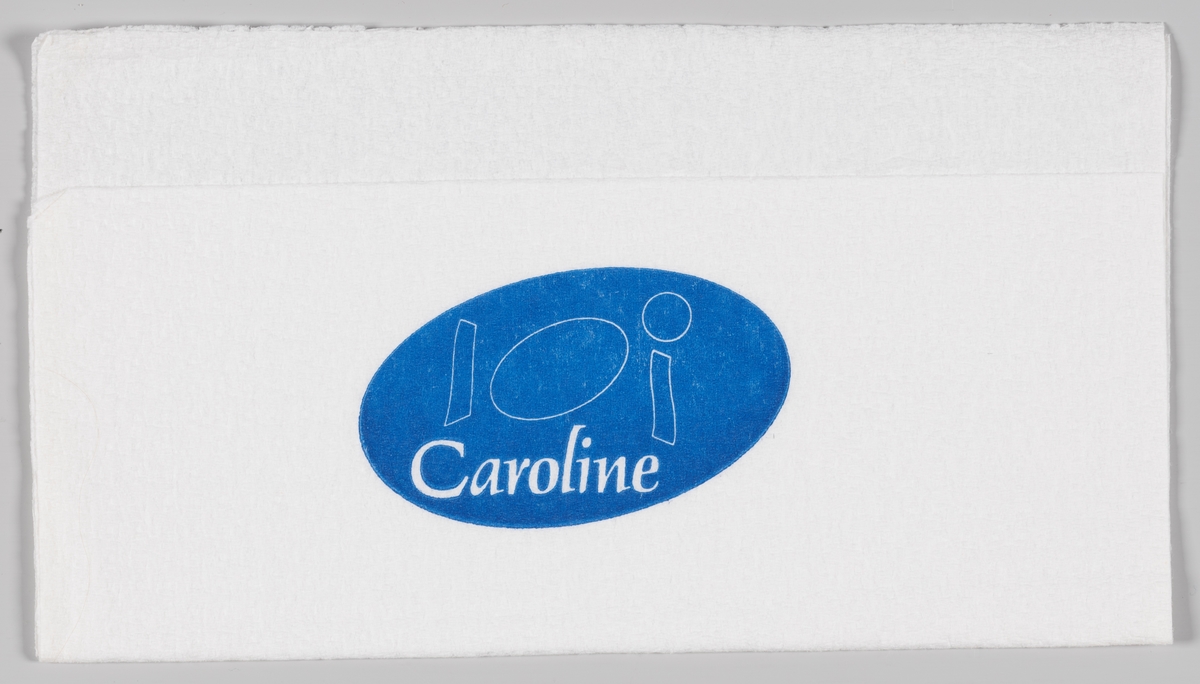 Et stilisert bord med servise og reklame for Caroline cafè.

Samme reklame på serviett MIA.00007-004-0047.