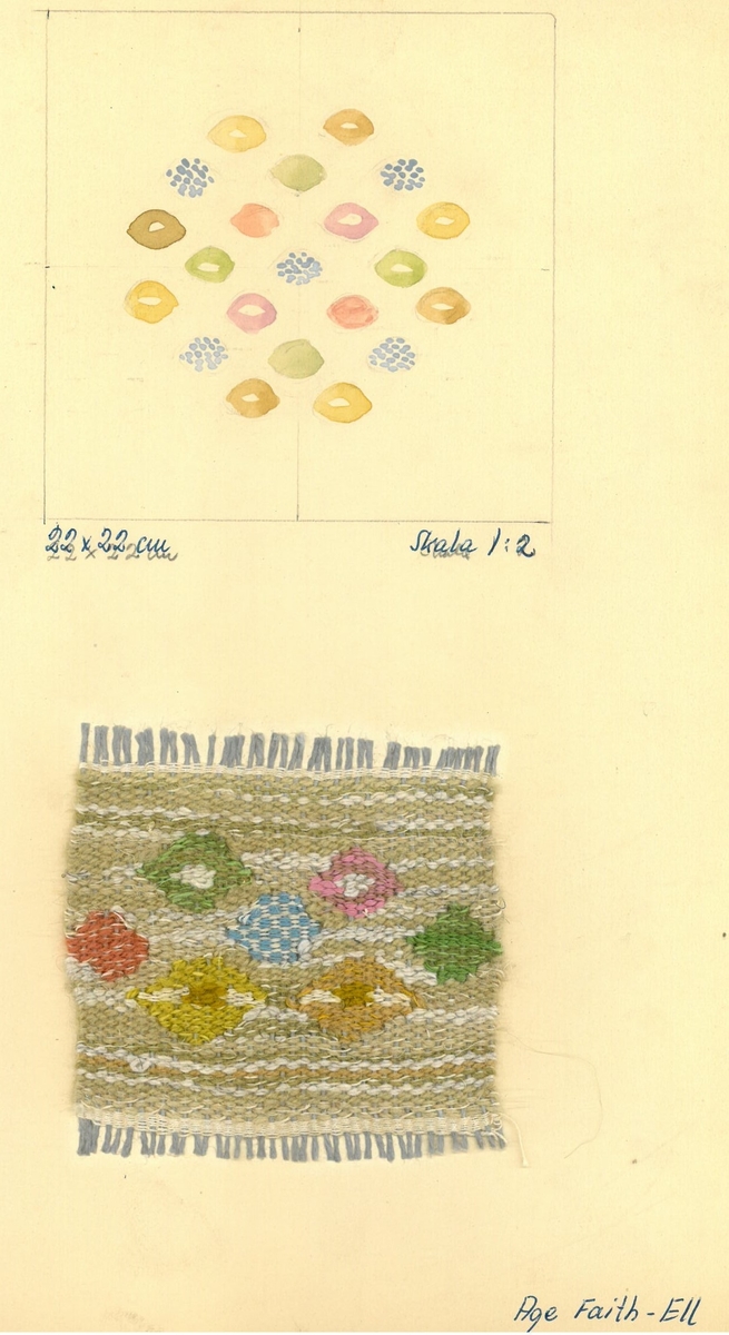 Skiss och vävprov till kuddar och väskor.
Formgivare: Age Faith-Ell 1946
Bild 2: "22x22 cm. Skala 1:2."