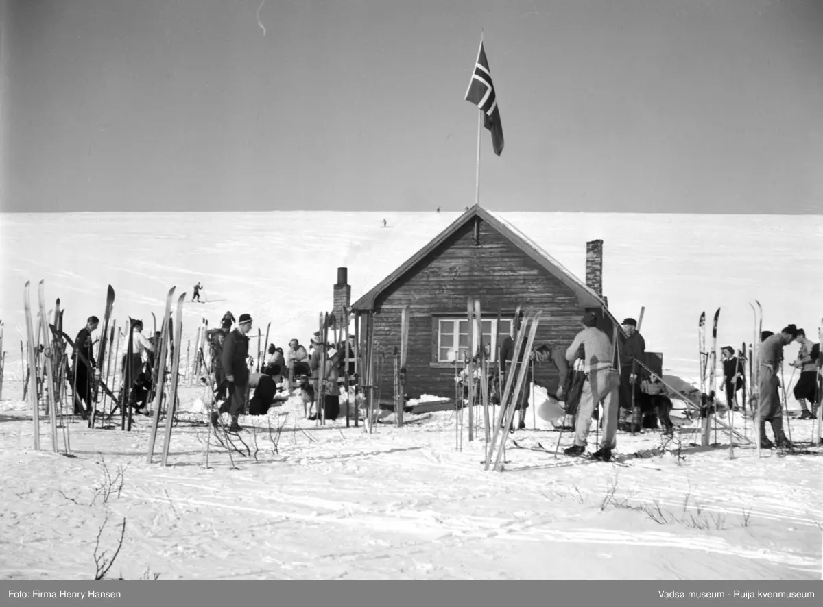 Vadsø mai 1951. Vinika-hytta nord for Vadsø. Mange gjester, noen renner i bakken nord for hytta.
Vinikahytta ble bygd på dugnad av Vadsø skiklubb, tatt i bruk 1906. Kilde: Varanger årbok 2003, artikkel av Per Andersen s.167 ff.
