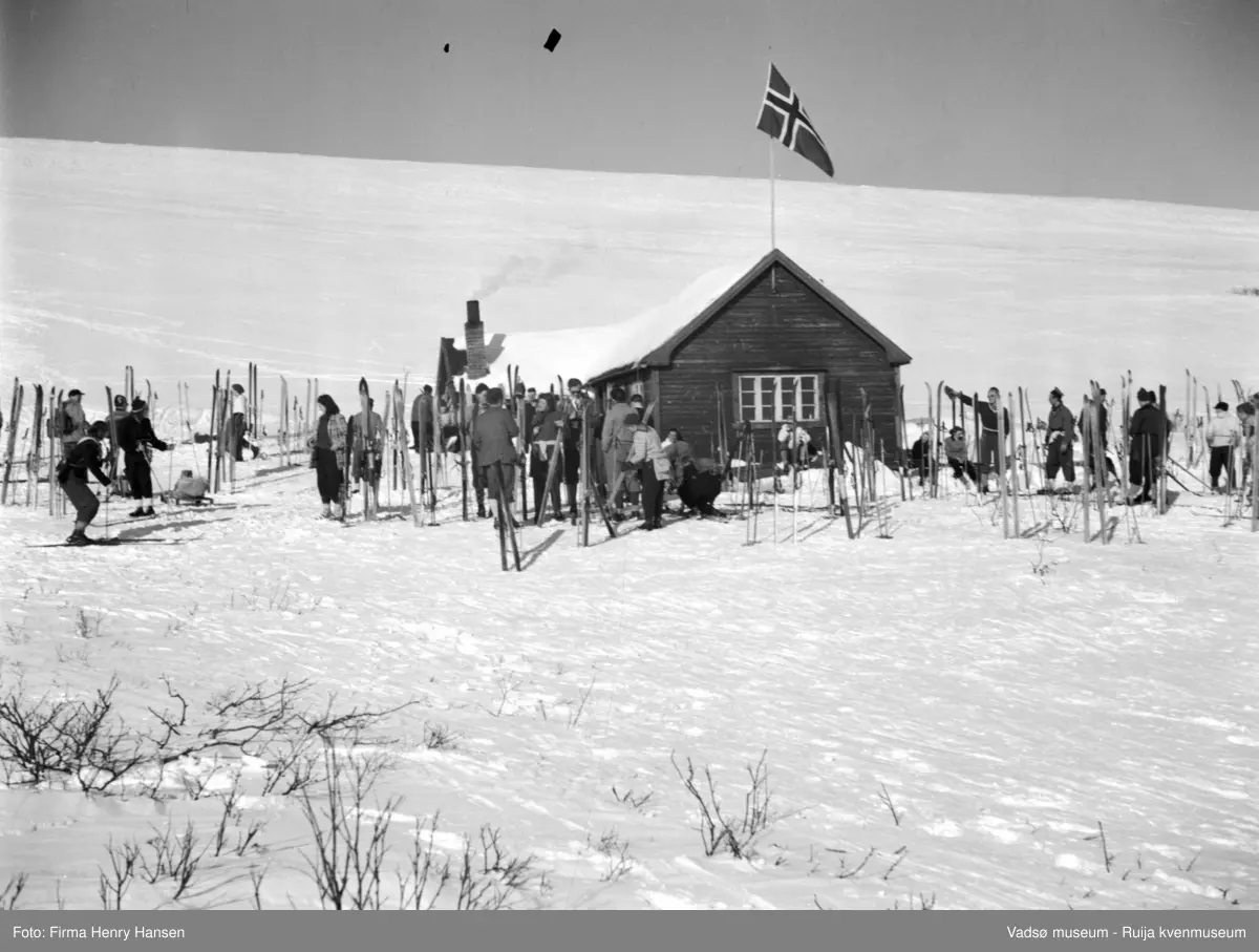 Vadsø mai 1951. Vinika-hytta nord for Vadsø. Mange gjester.
Vinikahytta ble bygd på dugnad av Vadsø skiklubb, tatt i bruk 1906. Kilde: Varanger årbok 2003, artikkel av Per Andersen s.167 ff.