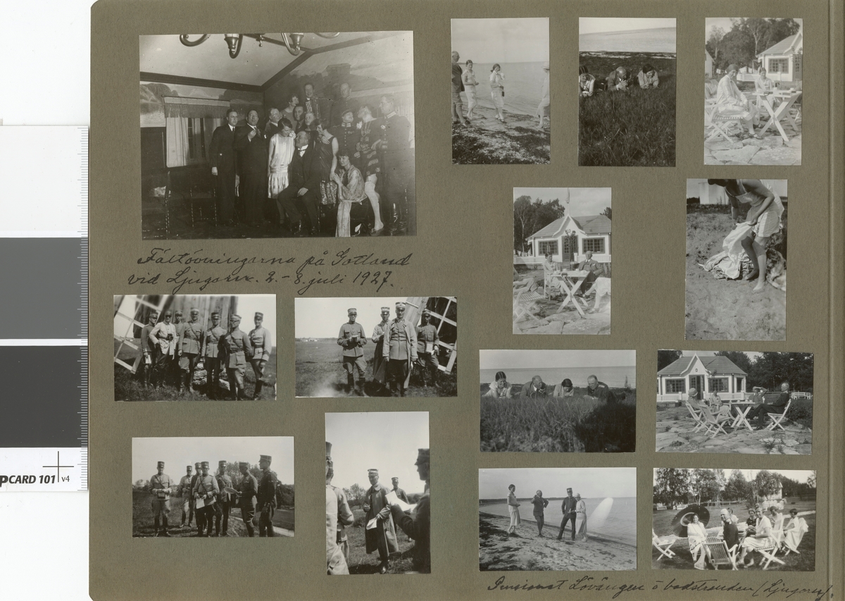 Text i fotoalbum: "Fältövningarna på Gotland vid Ljugarn 2/7-8/7 1927. Pensionat Lövängen och badstranden".