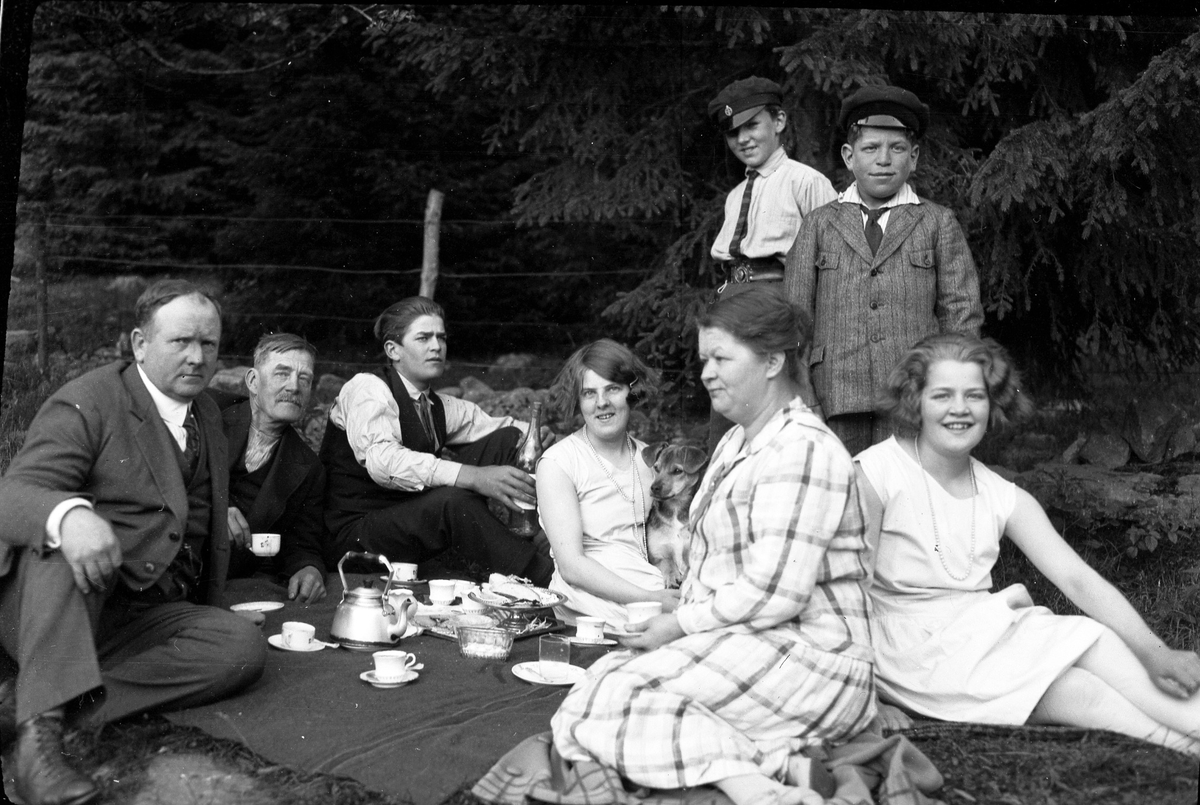 Familjen Skoglund sitter på en filt och har picknick. På filten finns kaffekoppar, en kaffepanna samt kakor på fat. Kvinnan som håller i en hund är tolkad som Lizzie Skoglund.