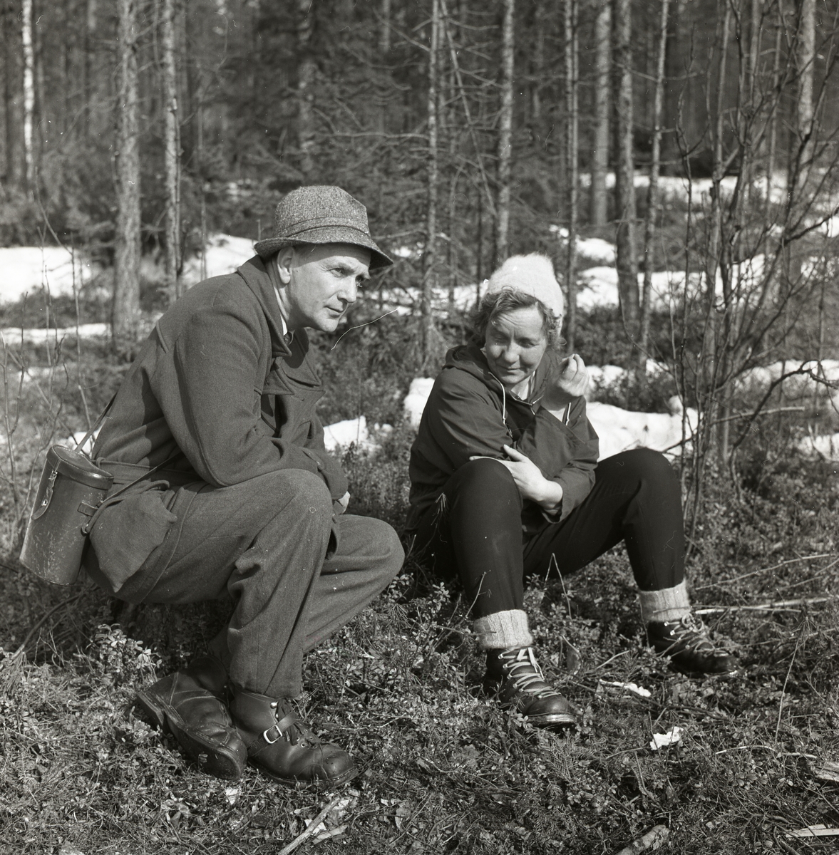 En man och en kvinna sitter bland bärriset i skogen den 27 maj 1958. De befinner sig i Harads och kikar efter fåglar.