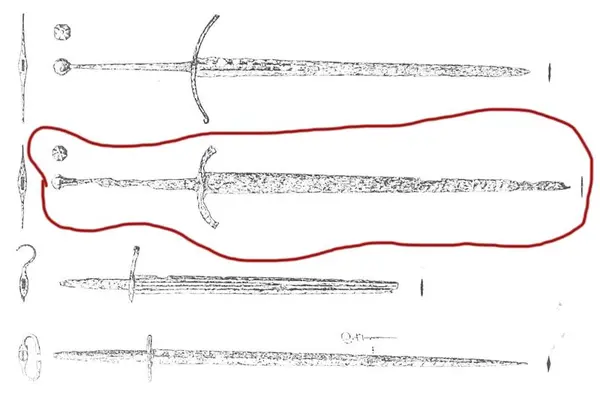 Plansje fra bok med fire sverd. Sverdet fra Lund, som kan minne om det funnet ved Mengshol, er ringet inn med rød tusj.