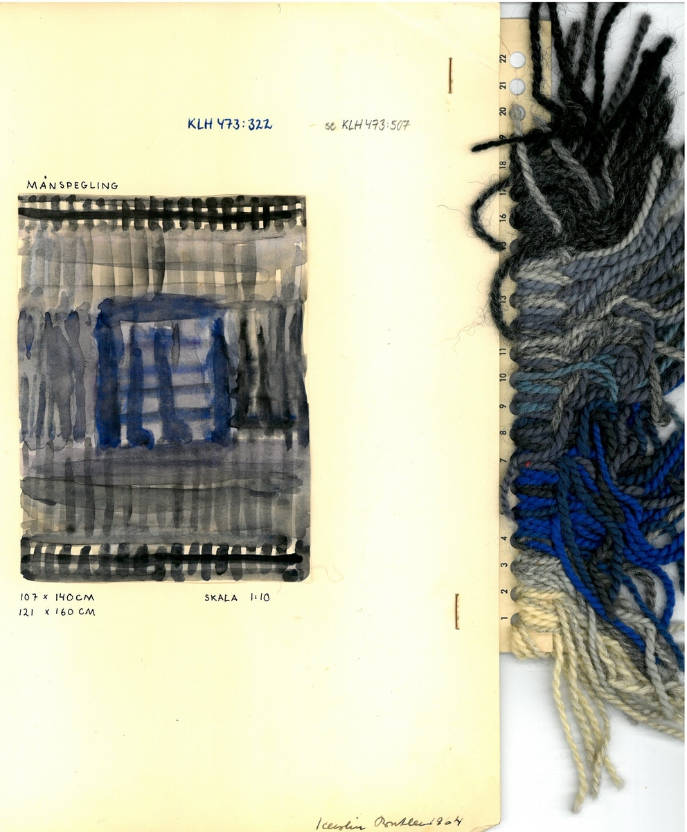 Skiss och garnblandningar till flossa-och ryamatta. 
Månspegling
Formgivare: Kerstin Butler 1964