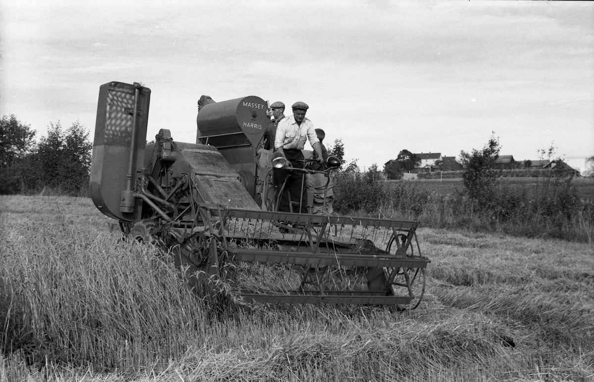 Kåre Fodstad kjører skurtresker i Rossvang på Kraby, september 1953. De andre personene er ikke identifisert. Åtte bilder.