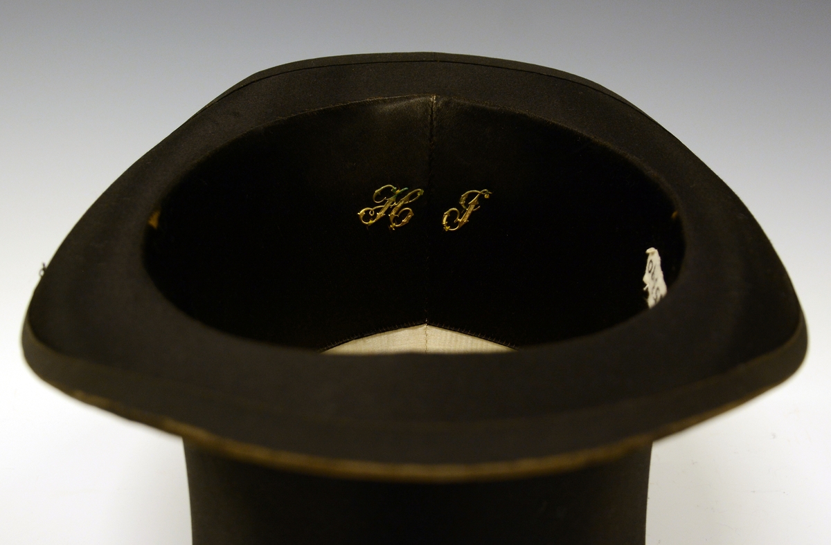 Flosshatt med etui. Sort, sammenleggbar flosshatt eller Chapeaux claque. Silketrukket papp med bånd nederst. Monogram HI med metallbokstaver innvendig. Ovalt etui i brun papp med påskrift i gull: "MANUFACTURE DE PARIS CHAPEAUX MÉCANIQUES PERFECTIONÉS", samt våpenskjold med blant annet skip i midten. Strikk og metallfester på sidene. Kjøpt av firmaet L.H.van Hees, München. Fabrikkert av Giraud, Paris.