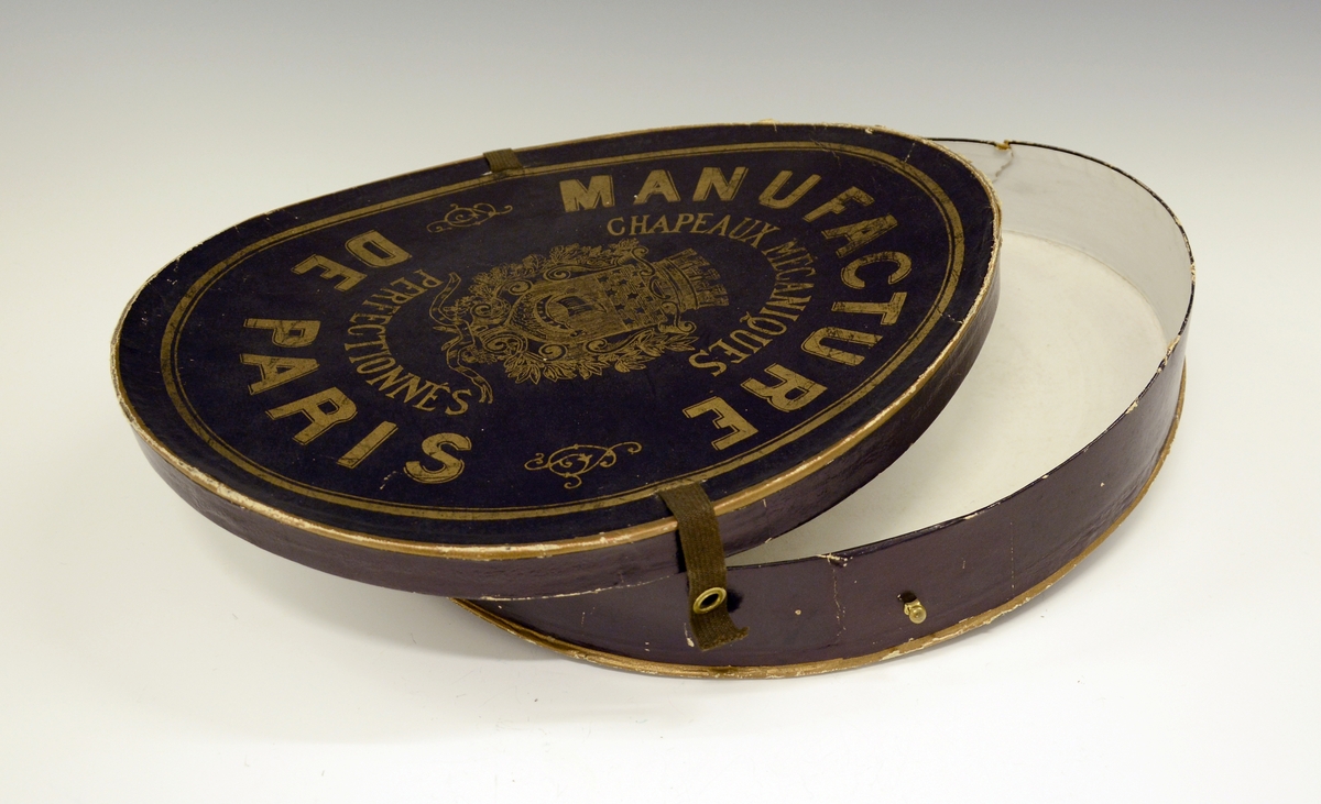 Flosshatt med etui. Sort, sammenleggbar flosshatt eller Chapeaux claque. Silketrukket papp med bånd nederst. Monogram HI med metallbokstaver innvendig. Ovalt etui i brun papp med påskrift i gull: "MANUFACTURE DE PARIS CHAPEAUX MÉCANIQUES PERFECTIONÉS", samt våpenskjold med blant annet skip i midten. Strikk og metallfester på sidene. Kjøpt av firmaet L.H.van Hees, München. Fabrikkert av Giraud, Paris.