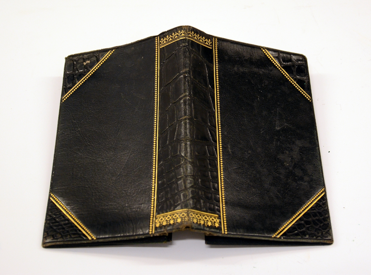 Liten lommebok i grønt skinn med to rom, mosegrønt fôr. Utsiden med preget dekorrender i gull. En side mangler sømmen.
Innlagt konvolutt med to resepter fra Henrik Ibsens privatlege, Dr. med. Edvard Bull. Den ene resepten datert 14/3 1903. En tredje resept, italiensk, datert 31. mai 1897.