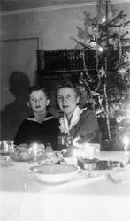 Kvinne og barn til bords i juleselskap.