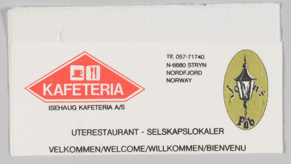 Et skilt med ikonene for kafe (kopp) og spisested (kniv og gaffel) og reklame for Isehaug kafeteria på Stryn. En oval med en gammeldags lykte og reklame for Johan`s Pub som holder til på samme sted.
Isehaug Kafeteria er ein familiedreven heilårskafe midt i Stryn sentrum. Johan’s pub er tilhørende Isehaug Kafeteria.