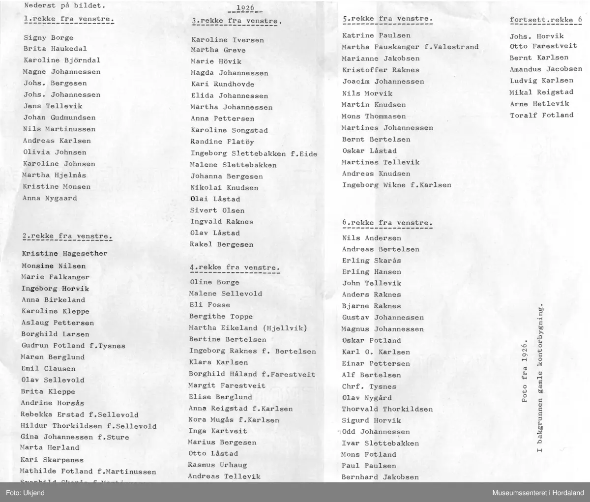 Gruppeportrett av arbeidarane ved Salhus Tricotagefabrik i 1926. I bakgrunnen kan ein sjå den gamle kontorbygningen til fabrikken.