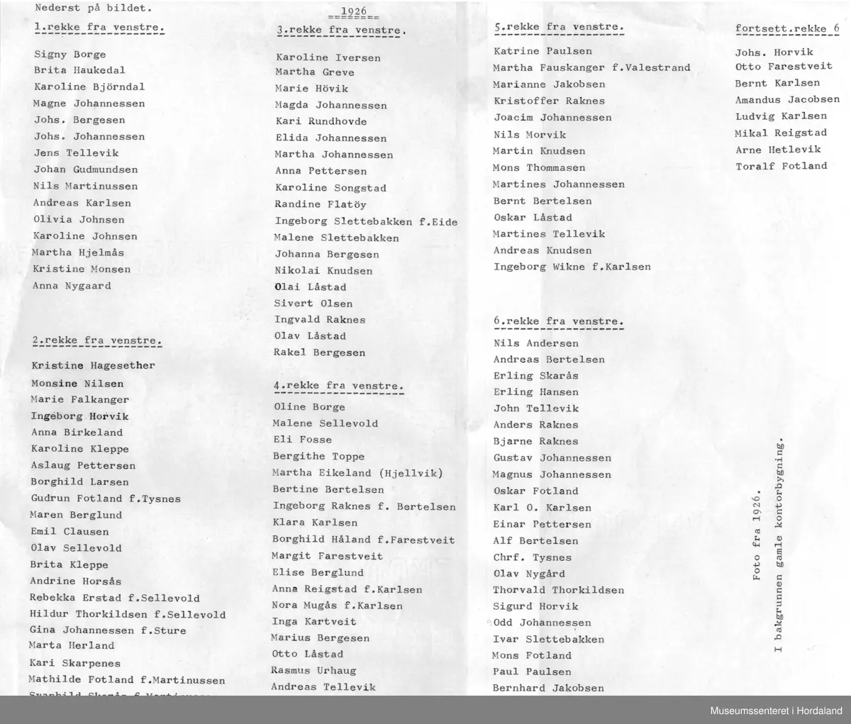 Gruppeportrett av arbeidarane ved Salhus Tricotagefabrik i 1926. I bakgrunnen kan ein sjå den gamle kontorbygningen til fabrikken.