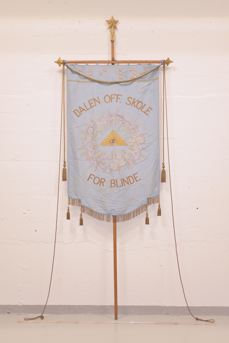 Rektangulær fane. Dobbeltsidig duk med tekst og broderier på begge sider. Fanen er festet med løkker på en lakkert trestang. I endene av denne stanga er det dekorasjon i form av stjerner. Stjernene er laget i tre og malt med gullfarge. Det henger to snorer på hver ende av stanga; den ene med dusk i enden, den andre har en løkke i enden. 

Fanen er tosidig og er laget av silke. Den ene siden har blå bakgrunnsfarge, punkter (punktskrift), tekst og påbrodert motiv (skyer, solstråler, stjerne med øye). Den andre siden har lys gul farge, en bord, tekst og dato. Nederst på faneduken henger det frynser av gullfarget tekstil. 

Sammen med fanen er det en lang stang som består av to deler som festes i hverandre. Fane med stang festes i denne lange stanga ved hjelp av en metallkrok. Øverst i den lengste stanga er det en gullfarget stjerne av tre.