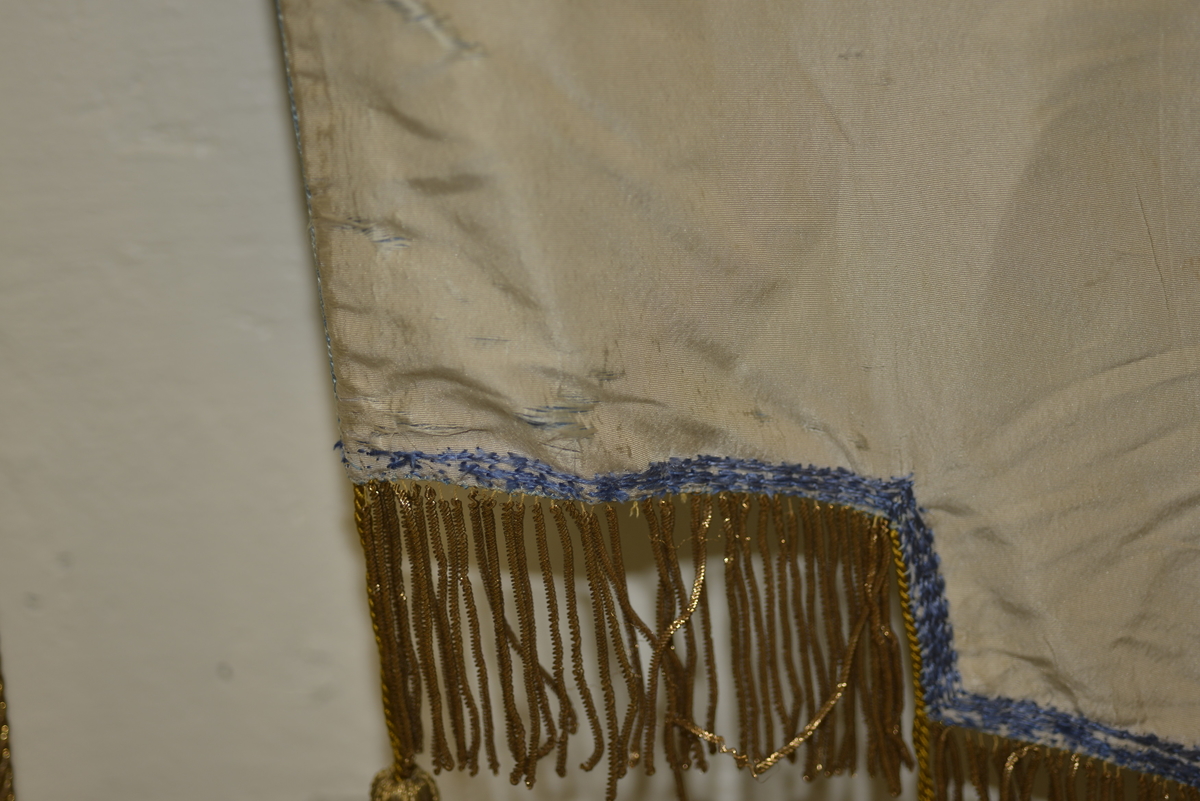 Rektangulær fane. Dobbeltsidig duk med tekst og broderier på begge sider. Fanen er festet med løkker på en lakkert trestang. I endene av denne stanga er det dekorasjon i form av stjerner. Stjernene er laget i tre og malt med gullfarge. Det henger to snorer på hver ende av stanga; den ene med dusk i enden, den andre har en løkke i enden. 

Fanen er tosidig og er laget av silke. Den ene siden har blå bakgrunnsfarge, punkter (punktskrift), tekst og påbrodert motiv (skyer, solstråler, stjerne med øye). Den andre siden har lys gul farge, en bord, tekst og dato. Nederst på faneduken henger det frynser av gullfarget tekstil. 

Sammen med fanen er det en lang stang som består av to deler som festes i hverandre. Fane med stang festes i denne lange stanga ved hjelp av en metallkrok. Øverst i den lengste stanga er det en gullfarget stjerne av tre.