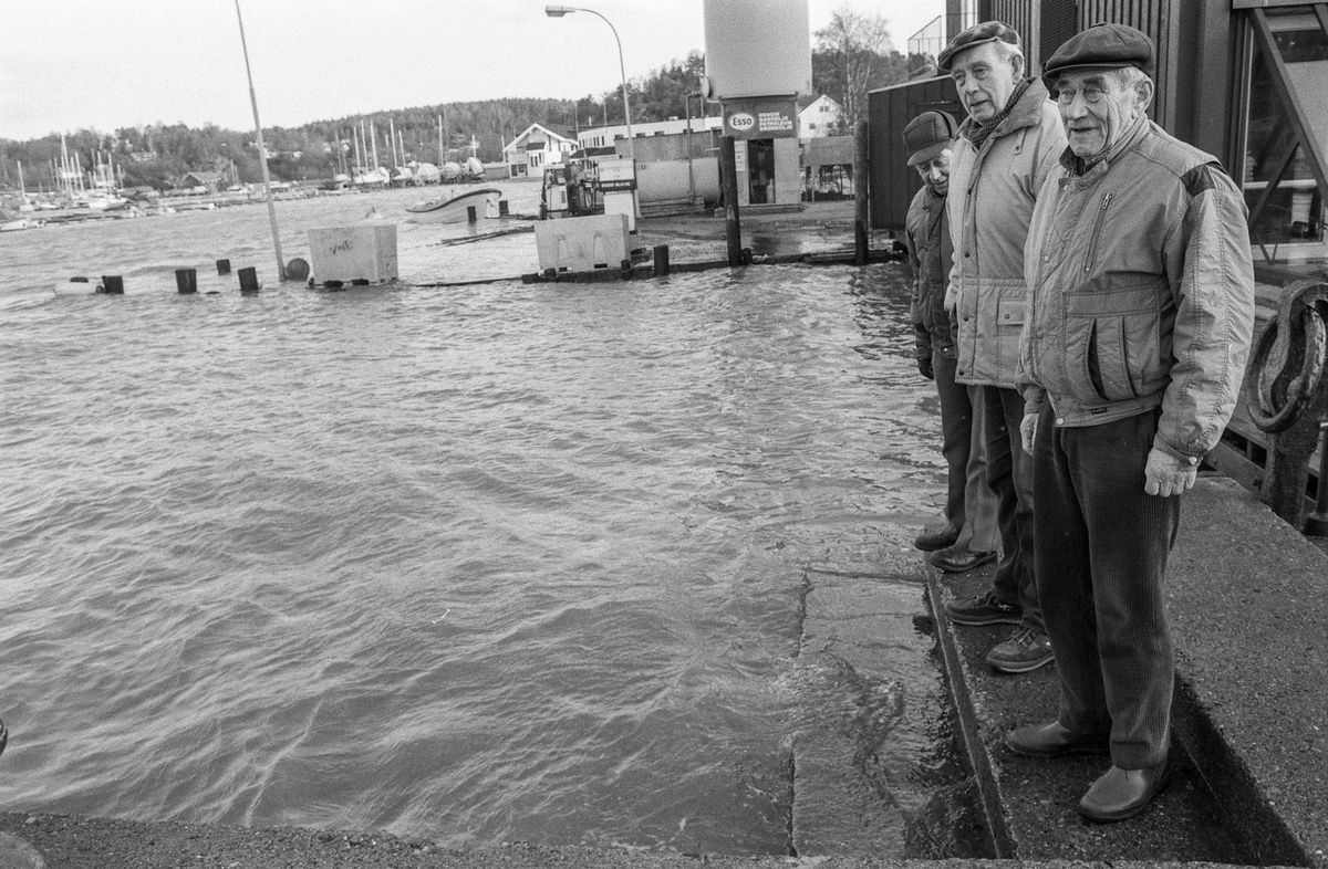 Flom ved marinaen i Son. Sjøen går opp til brygga og over trapper og gjerder. Tre menn ser på. Karlsen, Jacobsen og Hansen.