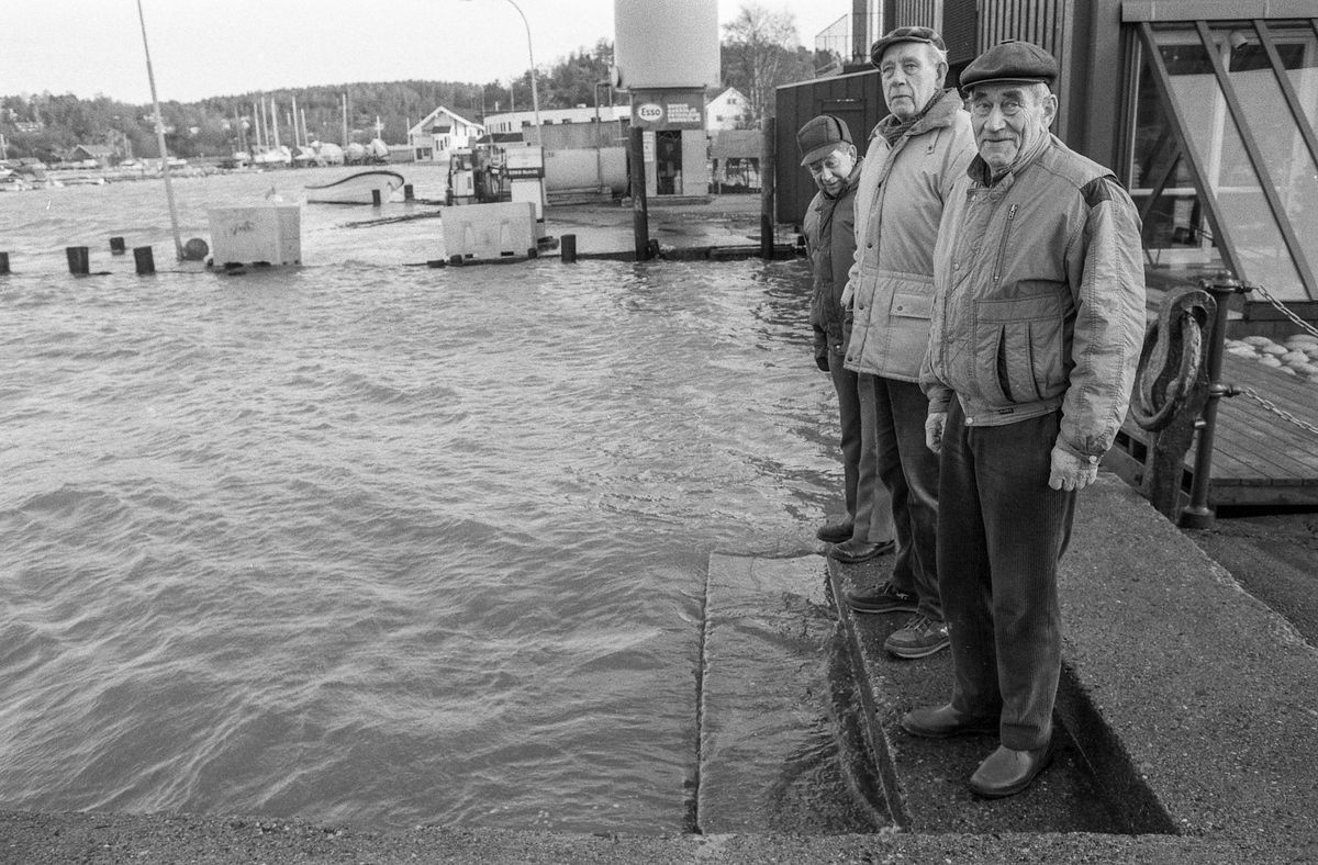 Flom ved marinaen i Son. Sjøen går opp til brygga og over trapper og gjerder. Tre menn ser på. Karlsen, Jacobsen og Hansen.