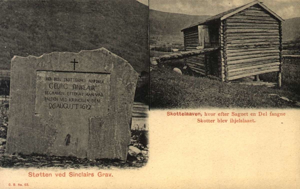 Postkort. "Støtte ved Sinclairs Grav". "Skottelaaven, hvor efter Sagnet en Del fagne Skotter blev ihjelslaaet"