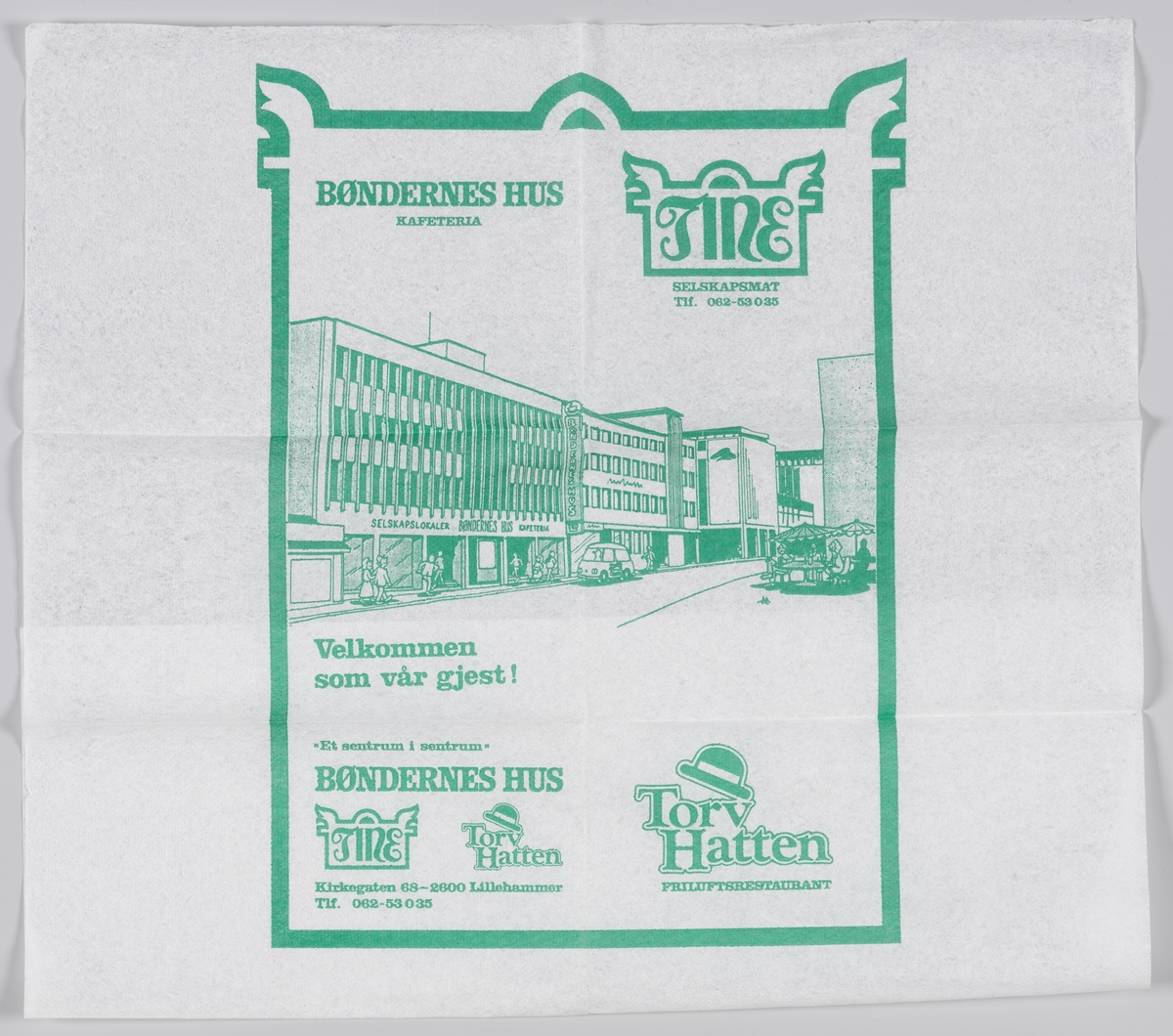 En tine med reklametekst en tegning av bygningen som huser kafeteriaen Bøndernes Hus i Lillehammer.