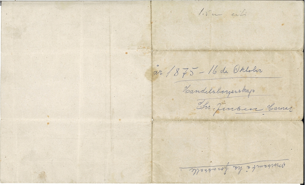 Sitat: "Magistraten i Kjøbstaden  Hamar gjør vitterligt: Aar 1875 den 16.october fremstod for Magistraten Christian Jensen og begjærede sig meddelt Borgerskab som Handelsborger til Hamar..........." sitat slutt. Papiret har pålimt 4 frimerker a 240 skilling.