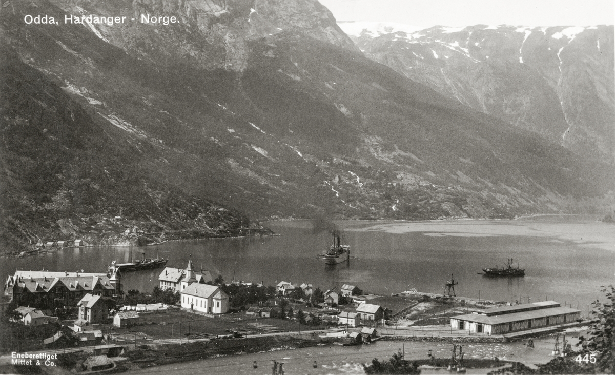 Postkort; Almerket, elveosen, sjøkanten og hamna i Odda om lag 1910.