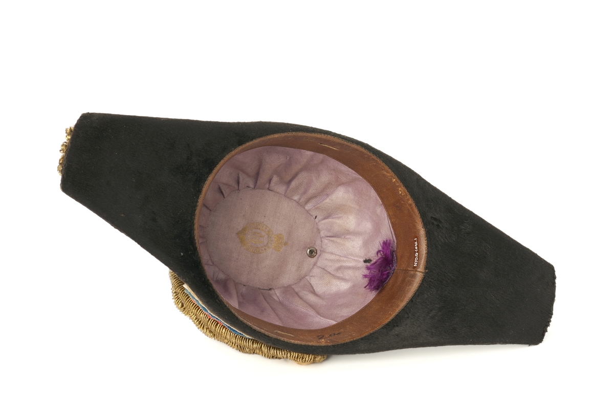 Snutehatt av sort, velurlignende stoff. Rød-hvit-blå kokarde, gulltresse med riksløveknapp. Gullpynt i hver snute. Brunn skinn til svetterem, lys lilla silkefôr. 
Metall hatteske til snutehatt.