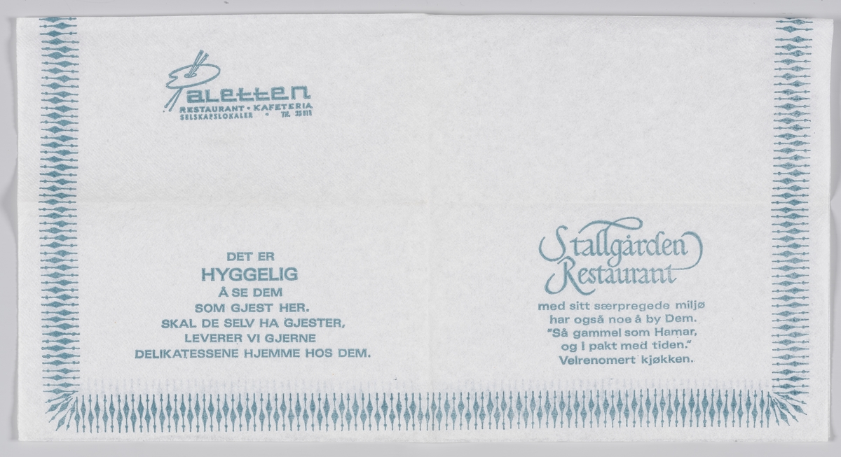 En palett og en reklametekst for Paletten restaurant og kafeteria og Stallgården restaurant på Hamar.