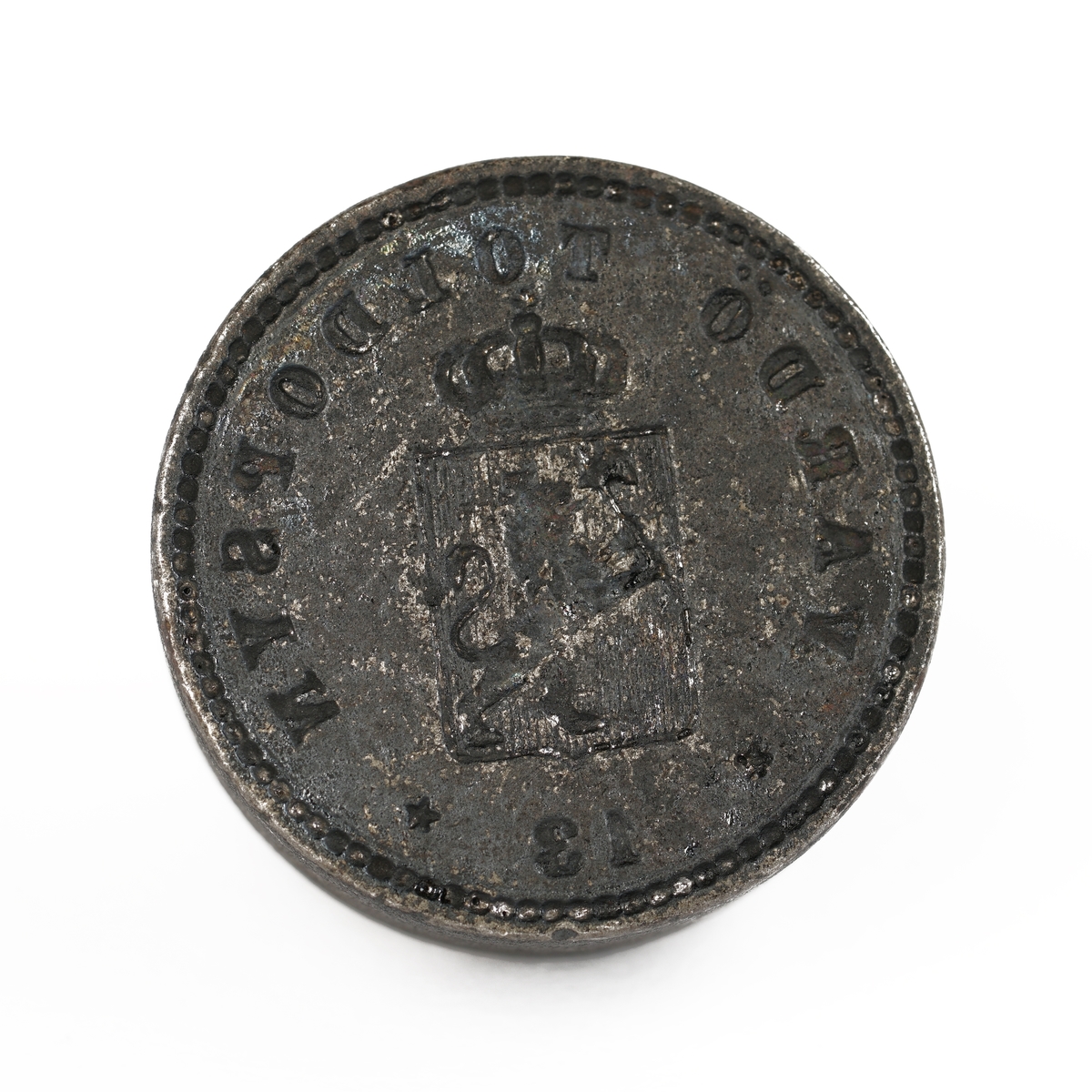 Signet av jern uten håndtak. Gjenget skrue oversiden for antatt feste av håndtak