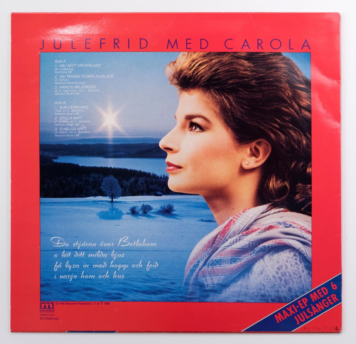 Maxi-EP med sex julsånger (format som LP, men färre låtar, spelas 45 varv), av svart vinyl med rosa pappersetikett. Skivan ligger i skivpåse av papper, och i omslag av papper. Omslaget har en färgbild av artisten i profil med ett vinterlandskap i fonden. Inne i omslaget finns en affisch med samma bild av artisten som på omslaget.

Innehåll
Sida A:
1. Hej mitt vinterland
2. Nu tändas tusen juleljus
3. Härlig är jorden

Sida 2:
1. Bjällerklang
2. Stilla natt
3. O helga natt

JM 34182:1, Skiva
JM 34182:2, Omslag
JM 34182:3, Skivpåse
JM 34182:4, Affisch