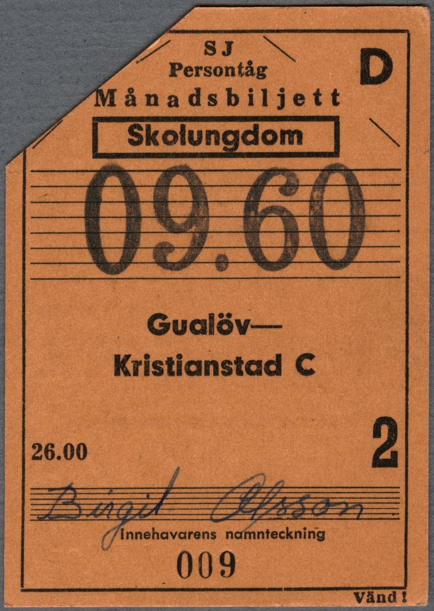 Femton månadsbiljetter för persontåg av beige kartong tryckt med svart text.
Biljetterna är från perioden september 1959 till december 1960, med uppehåll i augusti 1960 och oktober 1960. De tre sista biljetterna är för skolungdom.
På biljetternas framsida står följande text:
"SJ Persontåg
Månadsbiljett"
(stämpel för gällande månad)
"Gualöv-Kristianstad C"
samt pris och kortinnehavarens namnteckning. På baksidan finns regler/bestämmelser för biljetterna, samt plats för stationens datumstämpel.