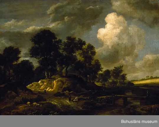 Jacob van Ruisdael. Född i Holland 1629, död 1682.
Landskap med väg och vattendrag. 102,5 x 129. Olja på duk.

RAMNING
Linneduk i tuskaft spikad runt spännram och med pappersremsa fastklistrad över avslutningen. Spännramen har kilar med raka hörn och en horisontell och två vertikala tvärslåar som förstärkning. 
Förgylld dekorerad barockram. Ramen har förstärkningar med trekantiga plywoodbitar i varje hörn. Ramen är kapad, förminskad på flertalet ställen, upptill med sex snitt, nertill ett snitt. Ramen kan vara från tiden.
Dukens baksida har spår efter rengöringsiver med fuktig trasa.

UPPGIFTER PÅ BAKSIDAN
En fastklistrad rund pappersetikett på en av de vertikala tvärslåarna: Med tusch-siffrorna "5647".
På ramen en tryckt, med bård dekorerad, etikett: "78."
Övrig historik se JJ01