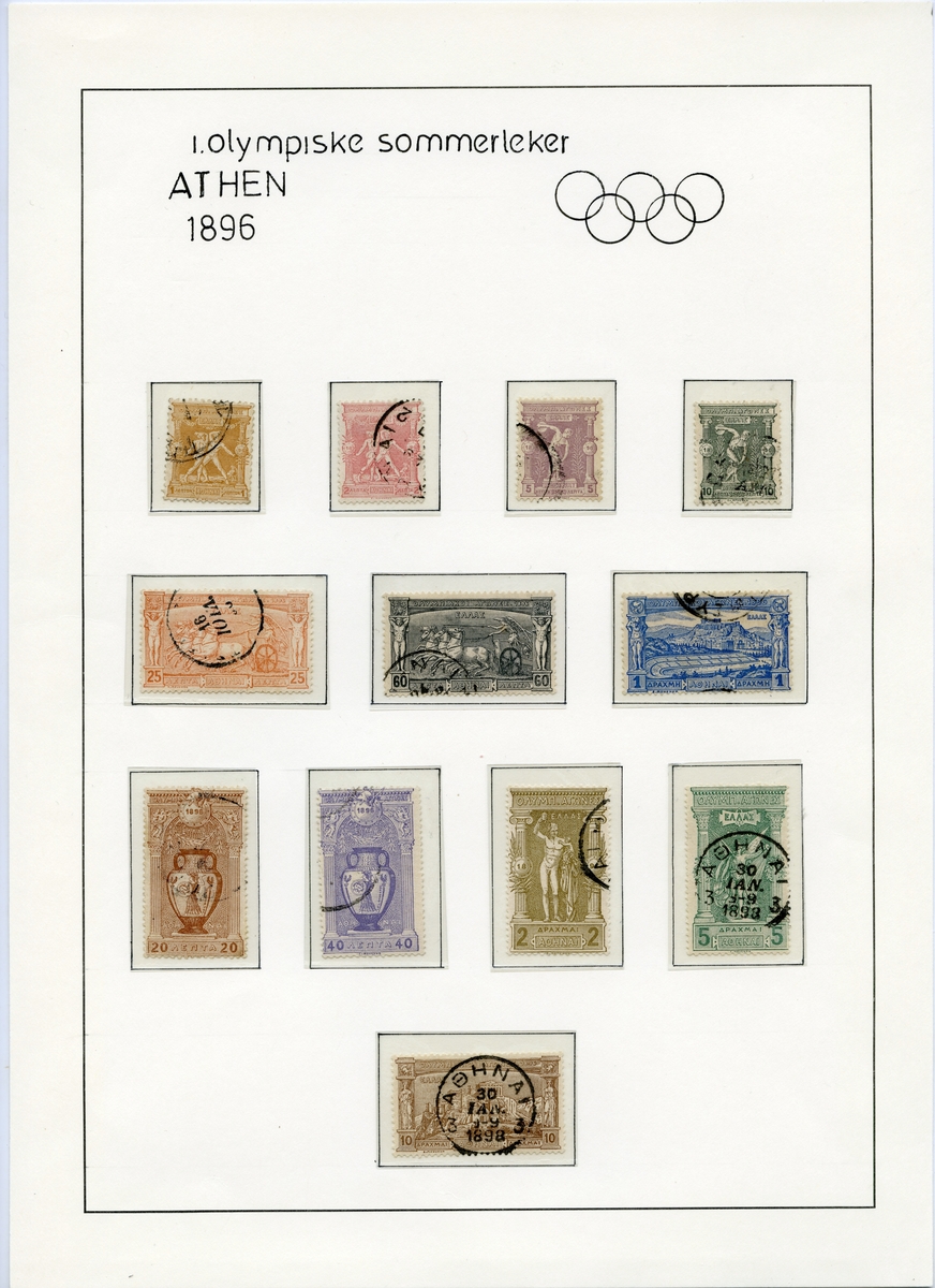 A4 ark av kartong med 12 frimerker med motiv fra de antikke olympiske leker. To av frimerkene er stemplet 30. IAN 1898. Tekst øverst på arket sammen med de olympiske ringer.