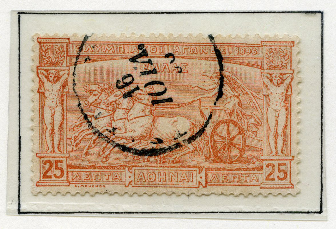 A4 ark av kartong med 12 frimerker med motiv fra de antikke olympiske leker. To av frimerkene er stemplet 30. IAN 1898. Tekst øverst på arket sammen med de olympiske ringer.