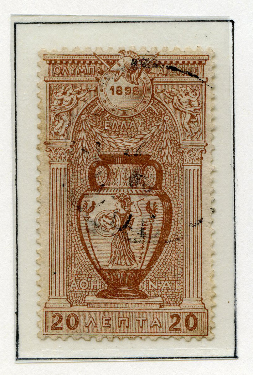A4 ark av kartong med 12 frimerker med motiv fra de antikke olympiske leker. To av frimerkene er stemplet 30. IAN 1898. Tekst øverst på arket sammen med de olympiske ringer.